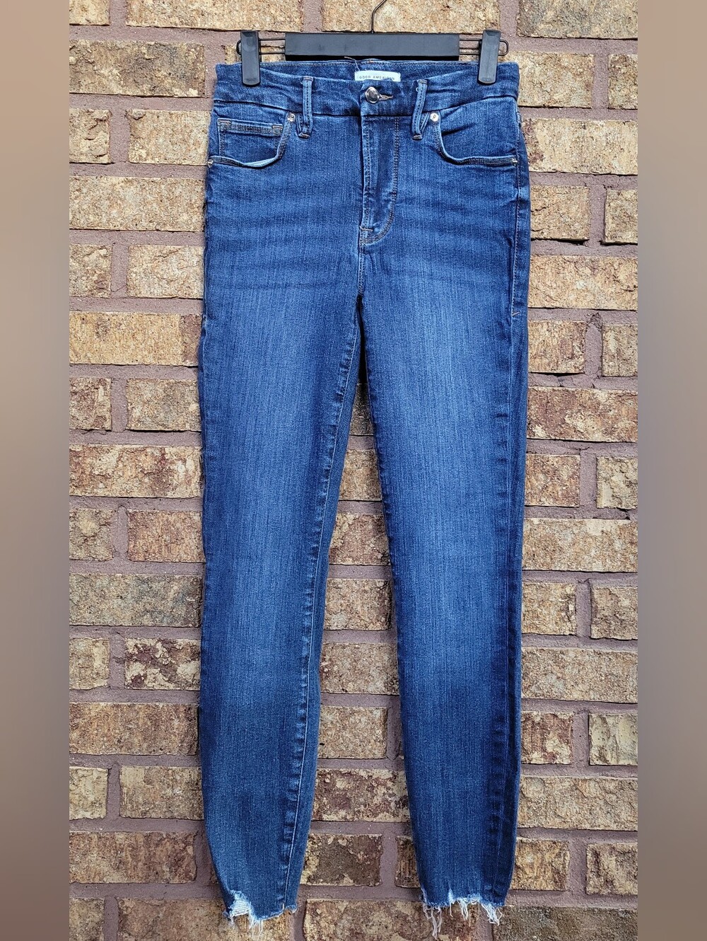 Good American Skinny Jeans Raw Hem Stretch Size 25 or 0 Cotton Hemp Dark Blue
